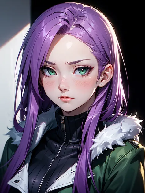 ((Portrait)), She has a Graceful, Purple-Haired Appearance, with a Very Small, Slim Build and Pale Skin. She has Light Green Eyes, Expresses an Indifferent and Blushing Look, Giving Off a Withdrawn Demeanor. Her Hair is Long and Tousled, Light Purple, with...