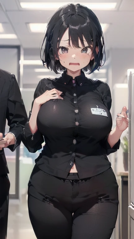 (must be follow these prompts:2.2),masterpiece,best quality,extremely detailed,(in her clothing:2.8),(black trousers on:2),(formal styled business suit:2.2),(若くて可愛いGasping:1.7),(Innocent faceをした小柄でほんの少しむっちりした新入社員がそこに一人だけいる:1.6),(normal body structures:3),(...