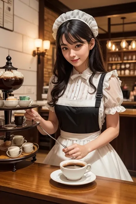 In a coffee shop, there is an enchanting demoness dressed as a maid, best quality, ultra-detailed, realistic:1.37, vivid colors, portraits, dark atmosphere, dim lighting, vintage decor, aromatic coffee, steam rising from cups, polished wooden furniture, de...