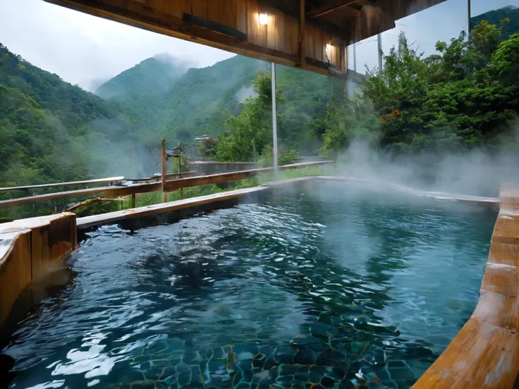 wide shot, realistic onsen