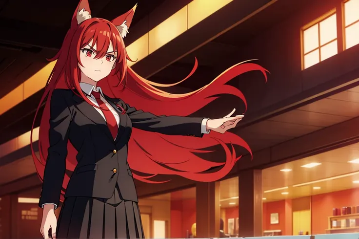 ((beautiful face)),1girl ,20s,mature female,solo,(red hair),long hair,red eyes,fox ears.serious,necktie,black jacket, blazer,long sleeves,pleated skirt,hair between eyes, wide shot, separate arms