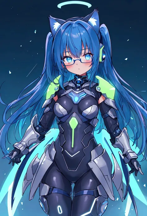 Top quality master piece,8K Ultra High-Quality, ultra-detailed, High quality, 18 year old girl, smooth color, Dark Blue hair, Neon Blue Inner layer hair, blue glowing eyes, Long hair, Headset, Glasses, cat girl, neon blue halo, Neon Blue wings, two floatin...