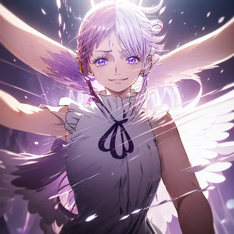 Red and white hair　Smoll Black Wing pendant　Shiny earrings　Flowing hair　Bathed in light  Cry  
((Horror smileing and Tears))
 (Purple and dark Bule Light)
((Dark side Sad and Insanity faice ))
Shadow Aura  Dark Eyes　Confetti　Particles of light  (Eyes Shine...