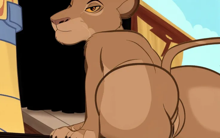 cartoon of a lion sitting on a chair in front of a window, disney stylized furry, based on a puma, the smooth black lioness, inspired by Don Bluth, don!!! bluth!!!, 2 d full body lion, lion body, full body close-up shot, disneys bambi cat, lioness, don!!!!...