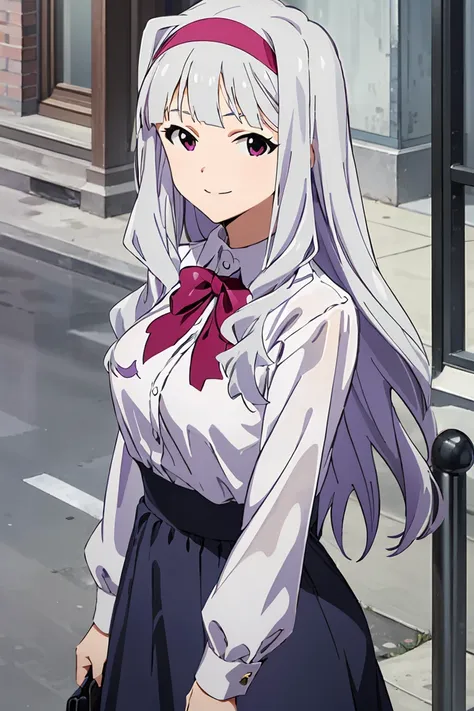 (((pixel-perfect, detail-perfect))), solo, 1girl, takane shijou, purple hairband, big , shirt, bow, looking at viewer, smile