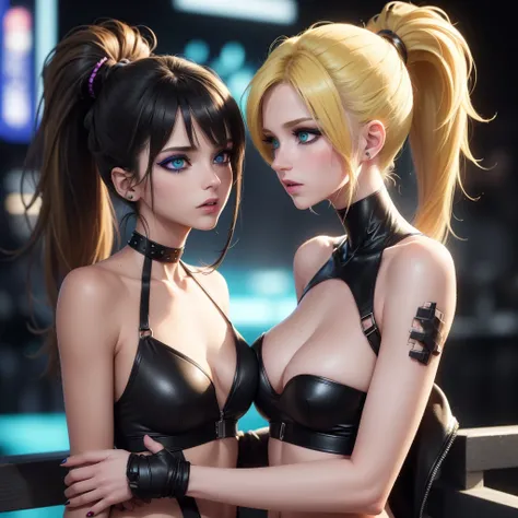 (work of art, best qualityer, 8K, sharp focus, Depth of field, better shadows, perfect lights, hdr, textura de pele realista, ultra-detailded background, detailded), anime styling, 2 women kissing eachother (one of them has green eyes, Caucasian skin, Blac...