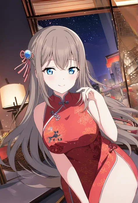 Sakurazaka Shizuku　Brown Hair　Light blue eyes　Long Hair　Big red hair ribbon　Light blue Chinese dress　Cocktail Bar　Holding a light blue cocktail　smile　Large Breasts　Room lighting　City night view