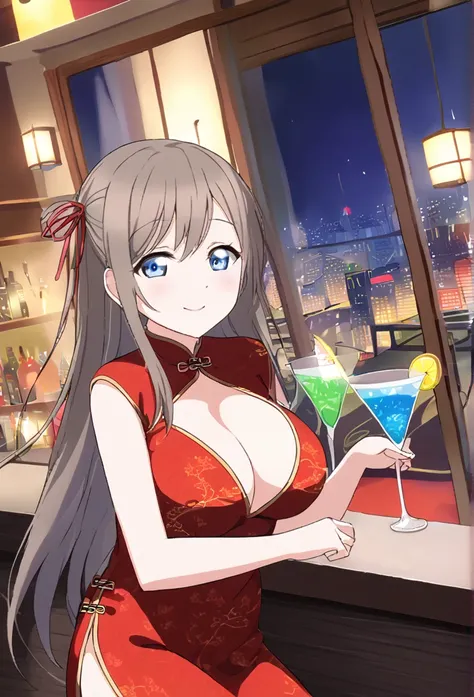 Sakurazaka Shizuku　Brown Hair　Light blue eyes　Long Hair　Big red hair ribbon　Light blue Chinese dress　Cocktail Bar　Holding a light blue cocktail　smile　Large Breasts　Room lighting　City night view