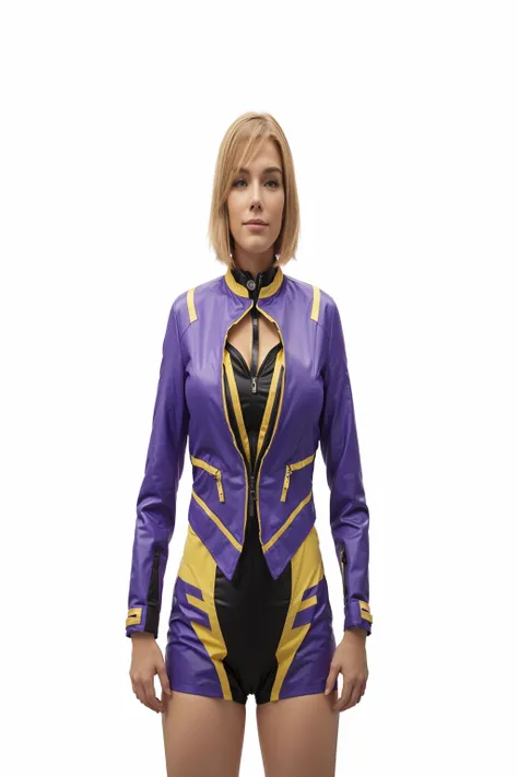 un gros plan d&#39;une femme dans un costume violet et jaune, costume en latex brillant cyberpunk, Costume Cyberpunk, body cyberpunk, ensemble de latex complexe, combinaison en caoutchouc, Veste Cyber Future, cyber-costume, costume futuriste en latex brill...