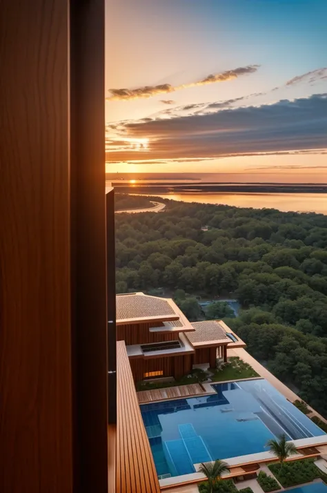 Zaha Hadid style hotel tower with wood and metal texture, hotel with infinity pool, rural landscape at dusk in high quality, 8k UHD