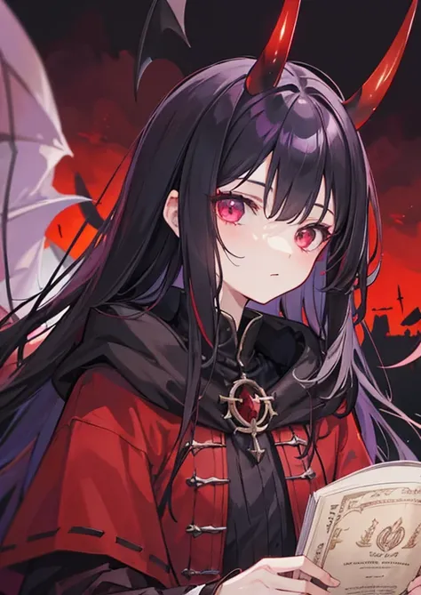 a demon with reddish skin, Bblack hair, red wide horn, purple medieval class clothes, with a black grimoire in hand, demon eyes