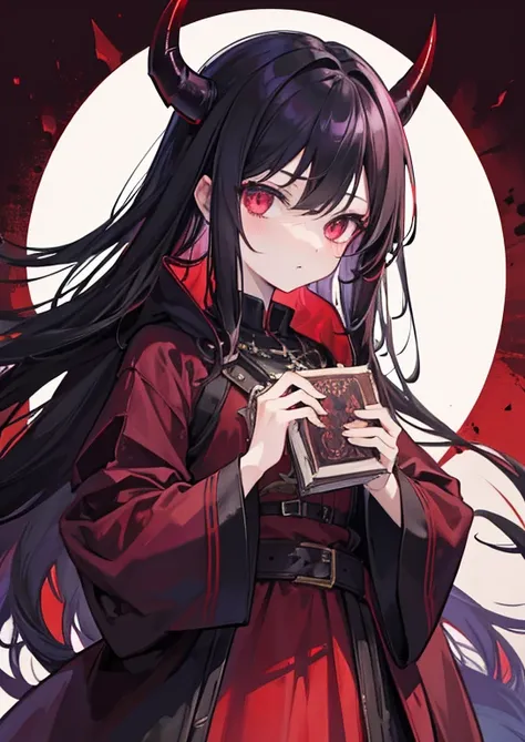 a demon with reddish skin, Bblack hair, red wide horn, purple medieval class clothes, with a black grimoire in hand, demon eyes