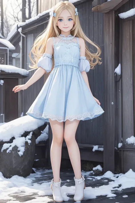 smile、Winter Dress、pretty girl、Young Len、、Beautiful shape、Beautiful Face、Big eyes、Len、Blonde,Pulls the whole body to the legs、Realistic、Standing up、blue eyes