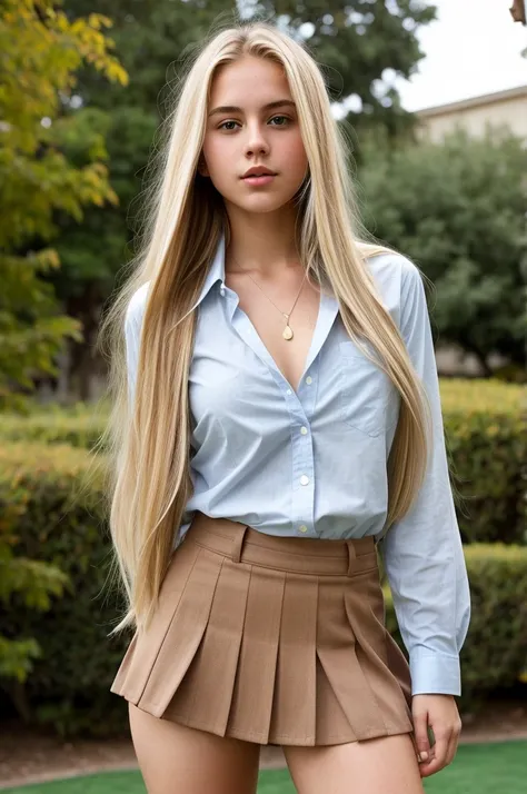 A 18-year-old blonde woman, ((hiperrealismo))textured skin, goosebumps, perfect eyes. Blonde hair with light brown roots. cabello rubio, Hair with brown roots, really long hair. photo taken with iPhone, Porta 160 color. Provocative pose. School girl blue s...