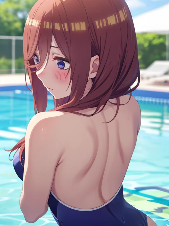 best quality, insanely detailed, miku nakano, one-piece swimsuit, breasts, blush, swimming pool background, back style, look int...