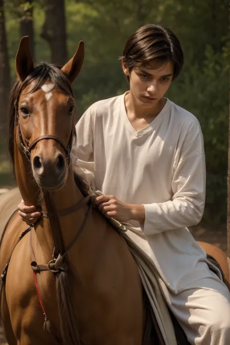 A cute, beautiful twink male with black hair and a red face with makeup. He wears a white long-sleeved shirt and brown gothic cotton and linen pants. He is a fierce fighter riding on a horse with a golden war sword in his hand.