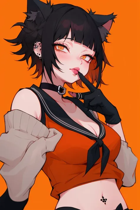 1girl, solo, jewelry, animal_ears, black_lips, short_hair, breasts, black_hair, earrings, makeup, cat_ears, orange_eyes, looking...