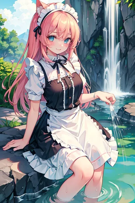 (Super best quality:1.6), (Highest quality:1.4), (Attention to detail:1.4), (Ultra-high resolution:1.6), (Detailed face), (Maid clothes, White apron, Headband, Black Dress, ribbon, Maid clothes, Classic, Long:1.4), (白と黒のMaid clothes), Blonde, Blue Eyes, Ca...