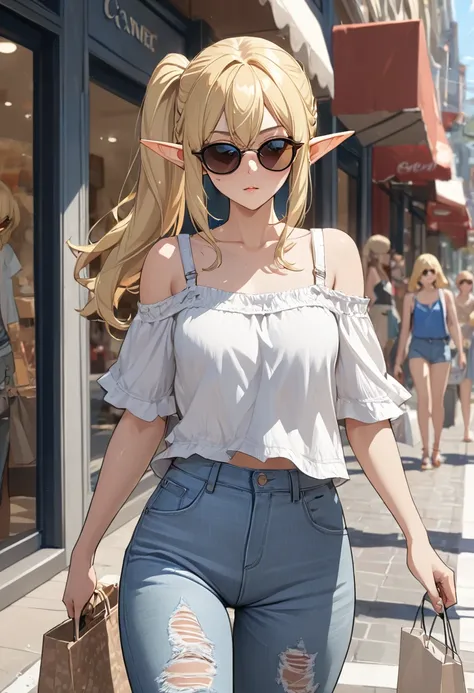 blonde hair, side ponytail, sunglasses, pointy ears, anime style, masterpiece, accurate, textured skin, high quality, best quali...