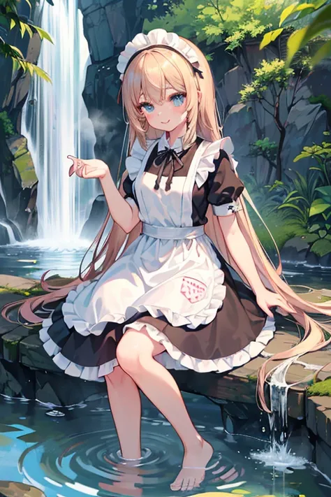 (Super best quality:1.6), (Highest quality:1.4), (Attention to detail:1.4), (Ultra-high resolution:1.6), (Detailed face), (Maid clothes, White apron, Headband, Black Dress, ribbon, Maid clothes, Classic, Long:1.4), (白と黒のMaid clothes), Blonde, Blue Eyes, Ca...