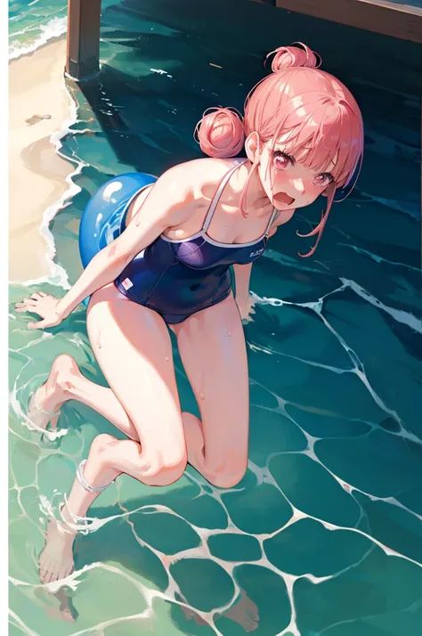 random swimsuit,swimsuits in random colors,blushing、pink hair、pale pink eyes、under-ear bun hairstyle、head to toe full body、blush...