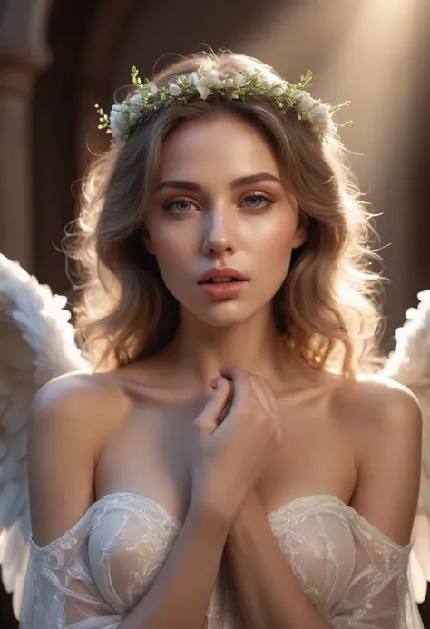 a beautiful angel sexualy caressing and pleasuring an erect penis with her hands and mouth, full body portrait, ultra-detailed, (best quality,4k,8k,highres,masterpiece:1.2),ultra-detailed,(realistic,photorealistic,photo-realistic:1.37),highly detailed face...