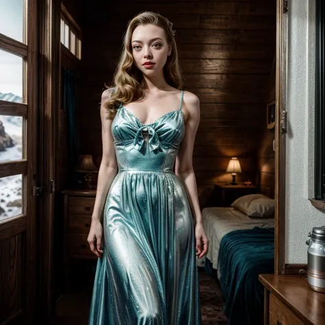 Retro Cam. Amanda seyfried,  Antartica, long dress, pin-up, vintage dress, 22 years old, perfect body, 40s, perspective, half body detail, sharp focus, light mix, detail, 50s, (high skin detail: 1,2), 8k hd, DSLR, Luz outfit, high quality, Fujifilm XT3 Gra...