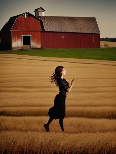 painting of a woman in a field with a barn in the background, inspired by andrea kowch, by andrea kowch, brad kunkle elson peter...