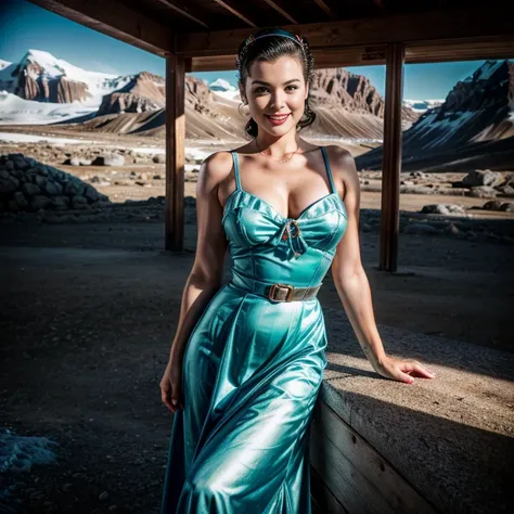 Retro Cam. Melissa Sue Anderson, Antartica, long dress, pin-up, vintage dress, 22 years old, perfect body, 40s, perspective, half body detail, sharp focus, light mix, detail, 50s, (high skin detail: 1,2), 8k hd, Wallpaper, DSLR, Luz outfit, high quality, F...