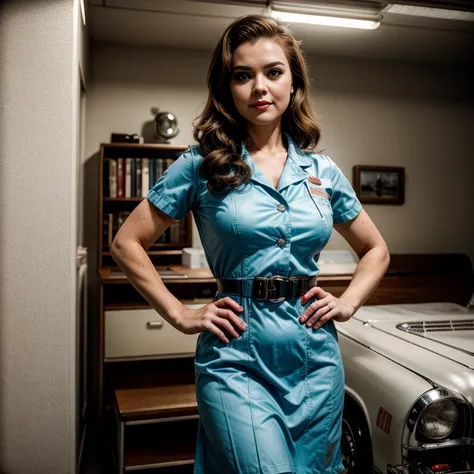 Retro Cam. Melissa Sue Anderson, Hispital, Nurse uniform, pin-up, vintage dress, 22 years old, perfect body, 40s, perspective, half body detail, sharp focus, light mix, detail, 50s, (high skin detail: 1,2), 8k hd, Wallpaper, DSLR, Luz outfit, high quality,...