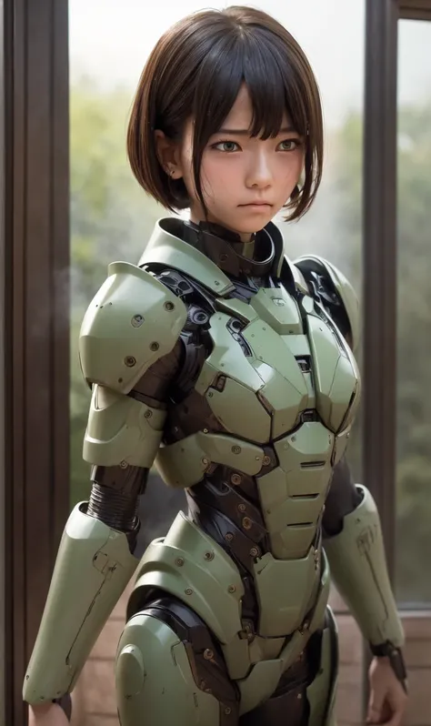 Textured skin, Very detailed, Attention to detail, high quality, 最high quality, High resolution, 1080P, hard disk, beautiful,(War Machine),beautifulサイボーグ女性,Dark Green Mecha Cyborg Girl,Fight,Girl with a mechanical body,、Kindergarten girl　Boyish short hair、...