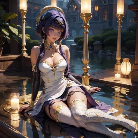 1girl, maid dress, jewelry, purple hair, flowing hair, long hair, white roses, firefly, oriental architecture, maid dress with a short skirt and layers, gold laces, dress with transparency, gold details on her clothes, lake, seat on the water, a garden wit...