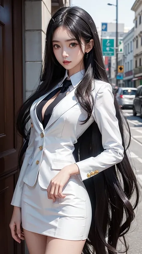 woman, กระโปรงสั้นwhite, คลุมเสื้อsuitwhite, skirt only, (สาวสวยtwo meter long hair, my hair is very long., extra long hair, lon...