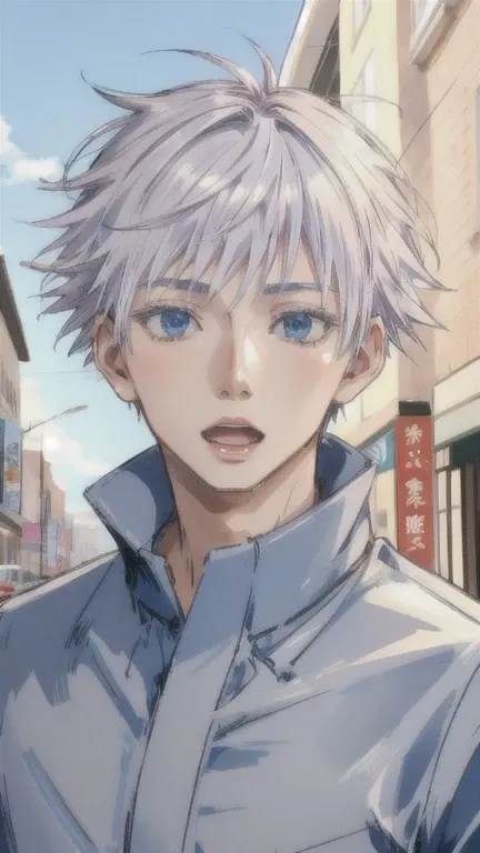 satoru gojo,white hair,short hair,hair between eyes,blue eyes,colored eyelashses,open open mouth,