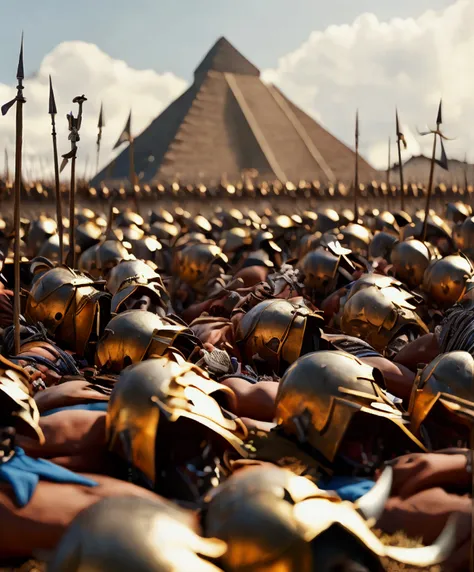 Master Piece, best quality, (extremely detailed CG unity 8k wallpaper), (best quality) 8k detail. A pyramid pile of 300 unconscious male barbarian soldiers defeated in battle. The 300 unconscious barbarian soldiers are piled up on top of each other, one by...