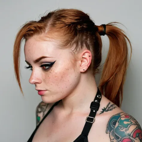 discord profile picture, instagram model, ginger girl, greek, freckles, ponytail wrapped hair, tattoed, black eyes, dark eyes, b...