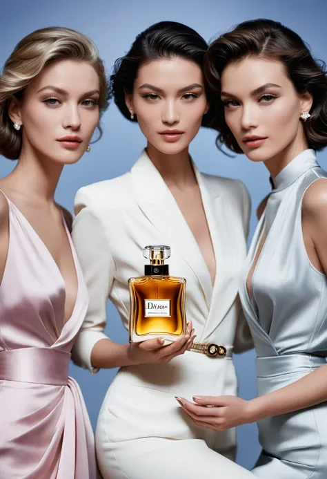 three beautiful and elegant women looking at the camera, advertisement for the dior perfume