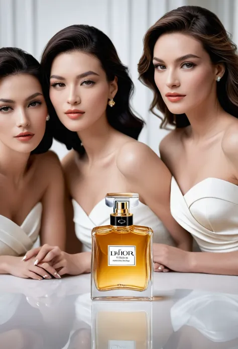 three beautiful and elegant women looking at the camera, advertisement for the dior perfume