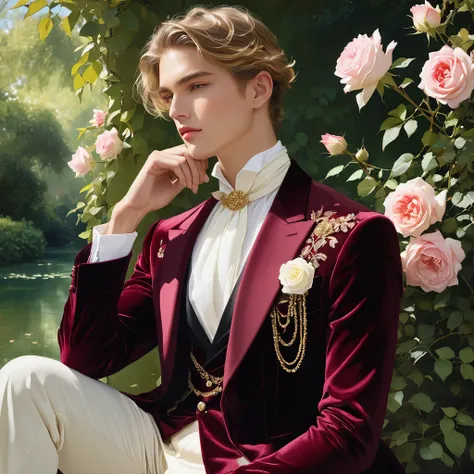 create an image of a young man inspired by the characteristics of the rose 'the prince.' the male model should be standing in a ...