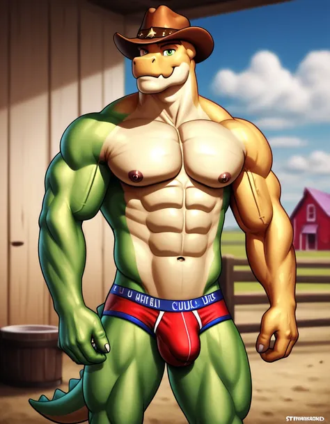 best quality, masterpiece, detailed, male, Gummigoo, muscular, thickened, widened, big pectorals, big muscles, cowboy hat, western style, posing, briefs, bulging