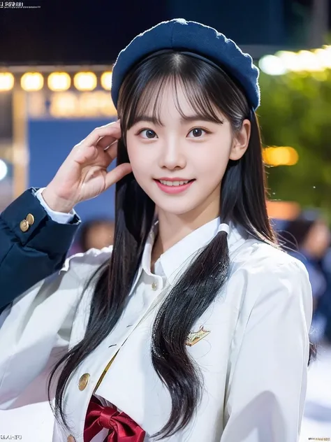 (Super cute Korean female college students take a commemorative photo together in their school uniforms:1.2)(grin,smile:1.1)(Beautiful Sweat:1.1)(16K, RAW Photos, Highest quality, masterpiece: 1.2),(Glossy black hair with cute twin tails) Super detailed, S...