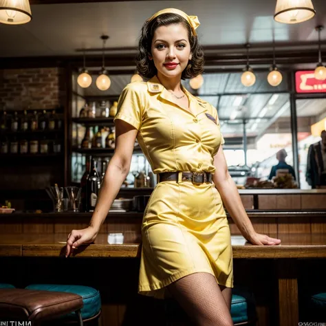 Retro Cam. Leslie Lawson Twiggy, restaurante, waitress uniform, yellow, pin-up, vintage dress, 22 years old, perfect body, 40s, perspective, half body detail, sharp focus, light mix, detail, 50s, (high skin detail: 1,2), 8k hd, Wallpaper, DSLR, Luz outfit,...