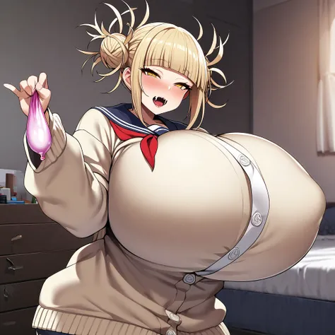 toga himiko,1girl,solo,Females in heat,blonde hair,yellow eyes,narrowed eyes,blunt bangs,open mouth,fangs,cardigan,long sleeves,neckerchief,red neckerchief,gigantic huge breasts,Used condoms in hand,looking at viewer,standing up,bed room