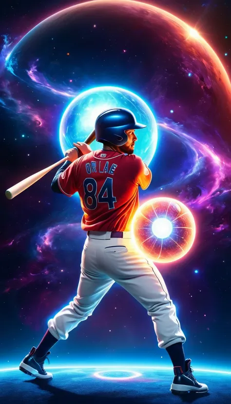 a cosmic baseball player hitting a ball, sci-fi, hyperrealistic, highly detailed, 8k, volumetric lighting, dramatic cinematic lighting, dramatic poses, dynamic action, ultra-detailed, photorealistic, intricate details, cinematic composition, dramatic angle...