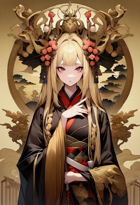 ((highest quallity, work of art :1.3)), Beautiful Japanese, long blonde hair, brown eye color 