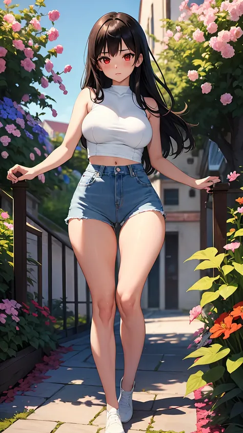 1girl, anime girl, anime, brunette, 2d girl, 16y, (fullbody), standing, anime girl, red eyes, (long hair, black hair), casual shirt, Solo, Slim, Large Breasts, sfw, Tight Shorts, low waist shorts, upshorts, the garden background, flowers, afternoon sky, lo...