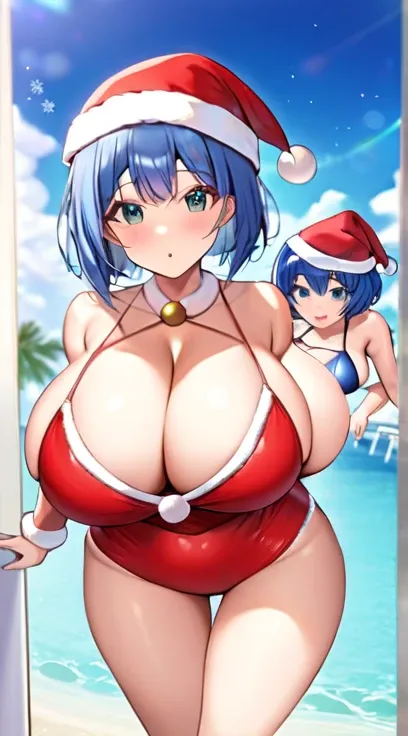 Santa costume,Swimwear,Big Breasts,Multiple births,Blue Hair,Bobcut