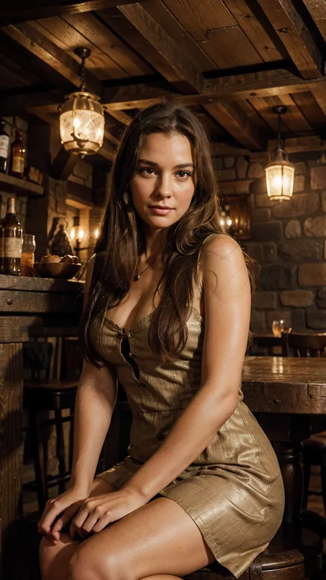 a woman in her mid-forties, sitting at a medieval bar, wearing a dingy-looking dress, long and very messy brown hair, unattractive and round face, full figure, soft smile, medieval tavern interior, brass candlesticks, wooden beams, cobblestone floor, warm ...