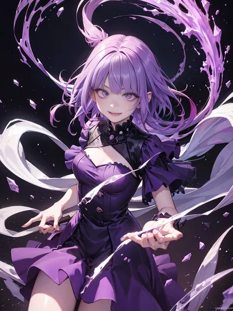 ghost, (monster girl), purple skin, Spike, spiky purple hair, smile with fangs, floating hand, In a dark purple dress, floating in the air, Masterpiece, of the highest quality