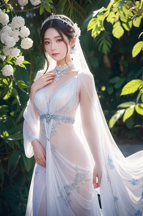 Create an ultra-realistic, lifelike image of a Japanese beauty character with long silver hair and large blue eyes. She is wearing a thin fabric white fantasy outfit adorned with delicate decorations that shimmer in the light. The character is posing elega...